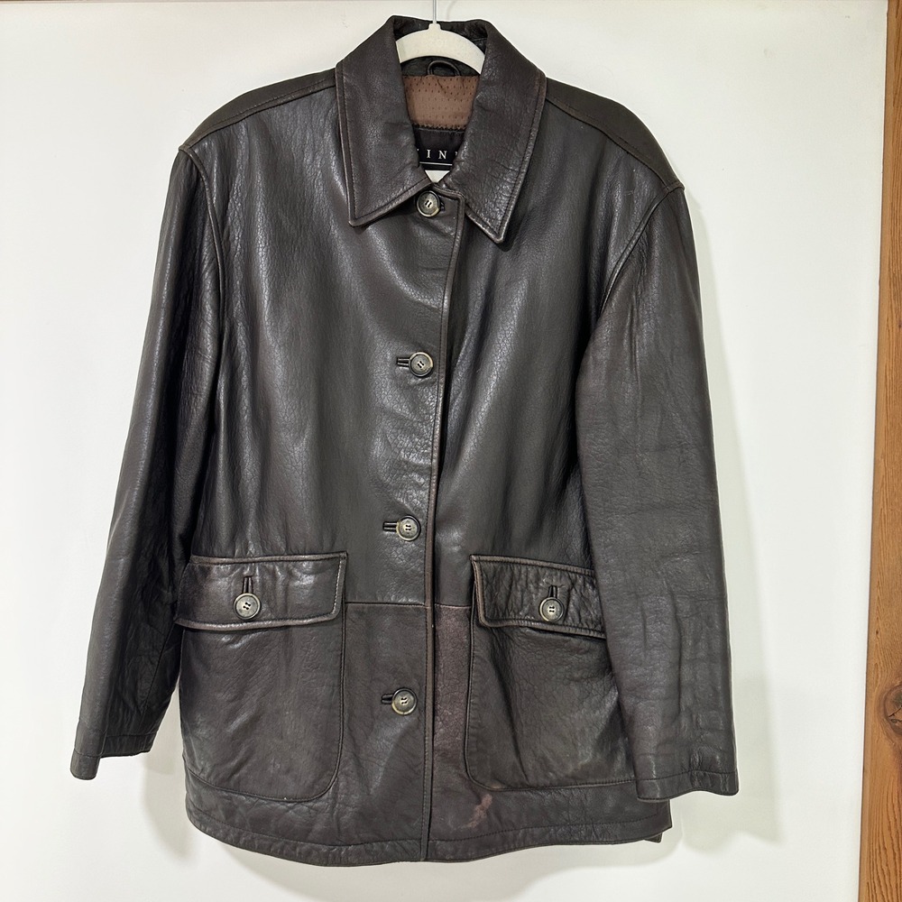 Winlit New York Leather Barn Jacket Womens Large Brown Button Front Vintage Coat